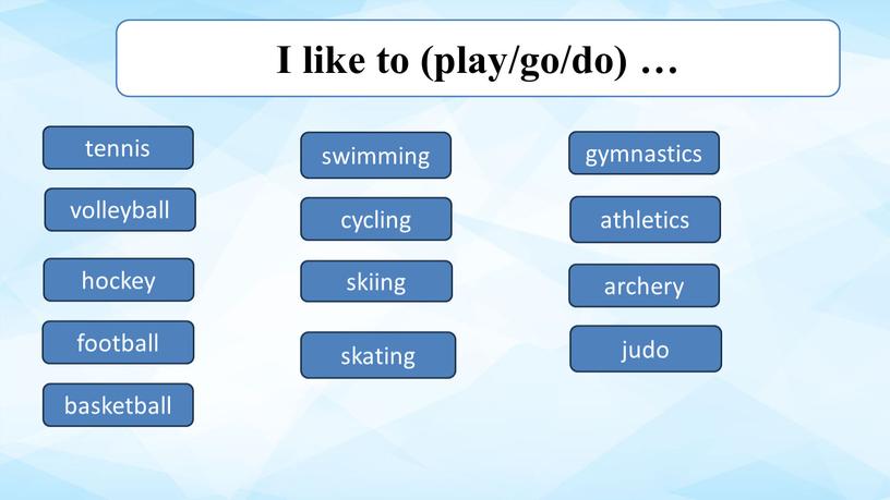 I like to (play/go/do) … football swimming athletics skiing volleyball archery hockey gymnastics cycling tennis skating judo basketball