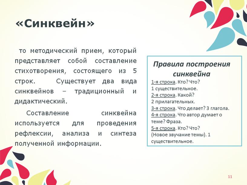 Синквейн» 11 Это методический прием, который представляет собой составление стихотворения, состоящего из 5 строк