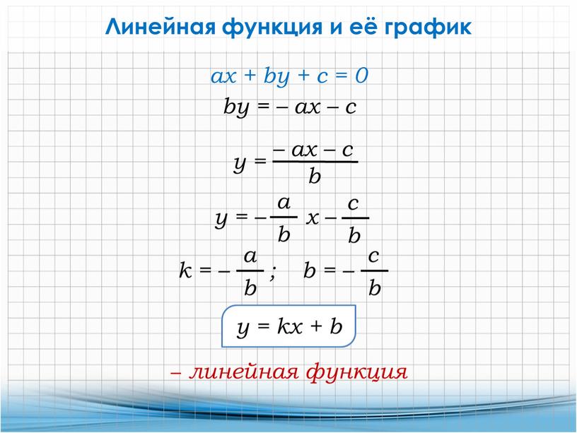 Линейная функция и её график ах + by + с = 0 by = – ах – с y = kx + b − линейная…