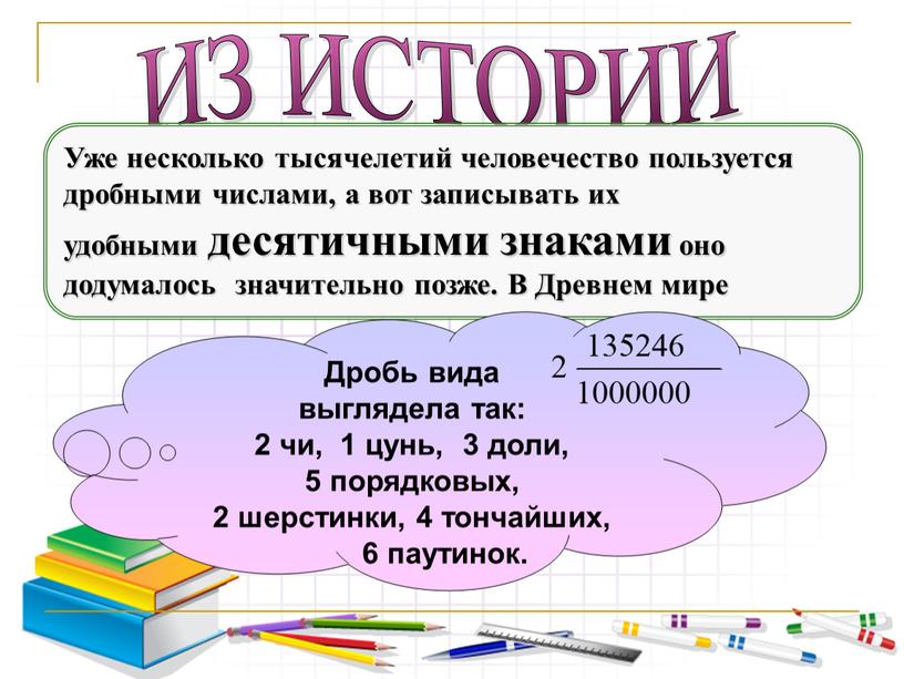 ИЗ ИСТОРИИ Уже несколько тысячелетий человечество пользуется дробными числами, а вот записывать их удобными десятичными знаками оно додумалось значительно позже