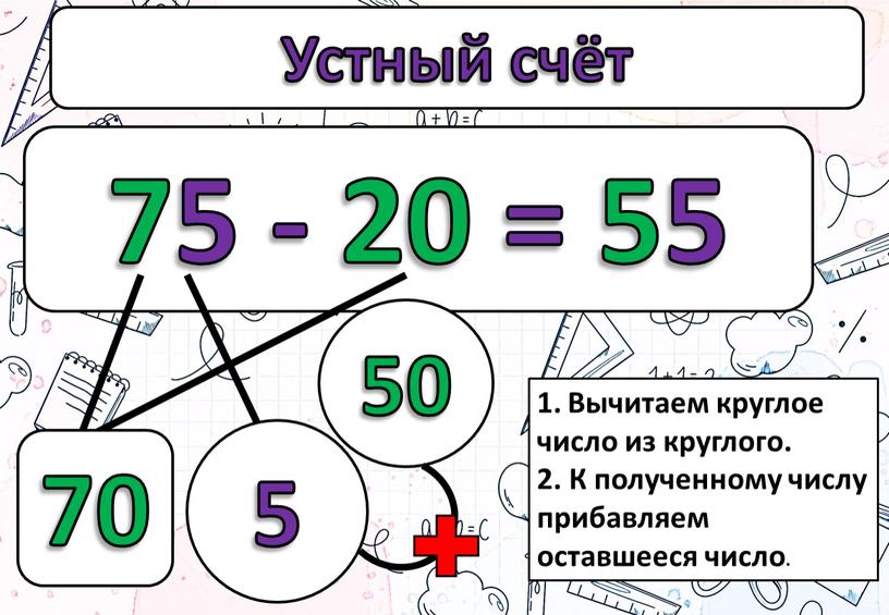 Устный счёт 75 - 20 = 55 5 70 50