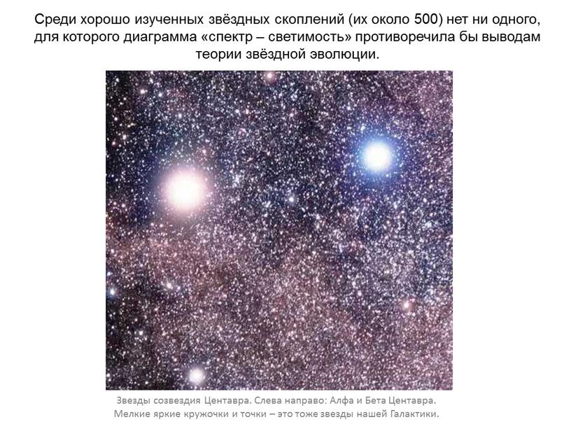 Среди хорошо изученных звёздных скоплений (их около 500) нет ни одного, для которого диаграмма «спектр – светимость» противоречила бы выводам теории звёздной эволюции