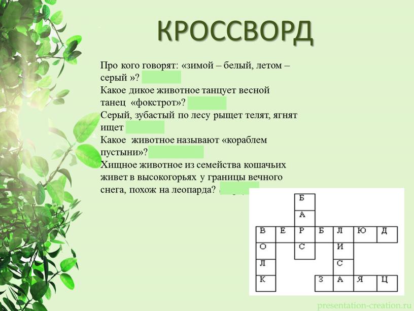 КРОССВОРД Про кого говорят: «зимой – белый, летом – серый »? (Заяц)