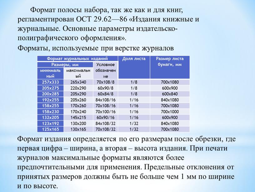 Формат полосы набора, так же как и для книг, регламентирован