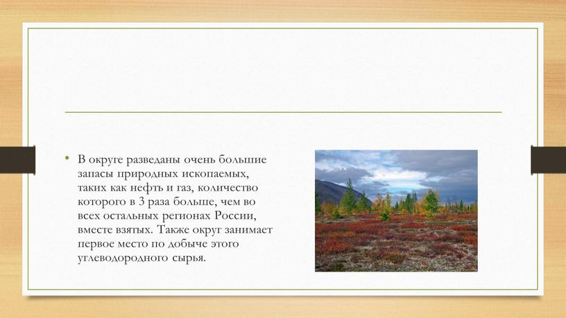 В округе разведаны очень большие запасы природных ископаемых, таких как нефть и газ, количество которого в 3 раза больше, чем во всех остальных регионах