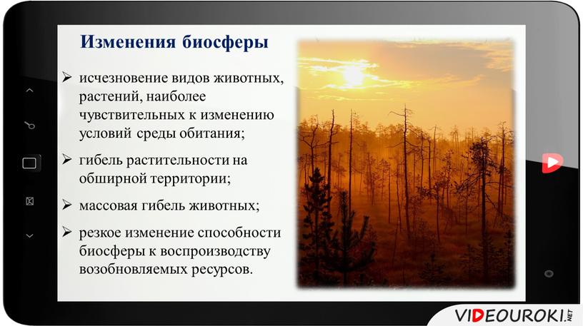 Изменения биосферы исчезновение видов животных, растений, наиболее чувствительных к изменению условий среды обитания; гибель растительности на обширной территории; массовая гибель животных; резкое изменение способности биосферы…