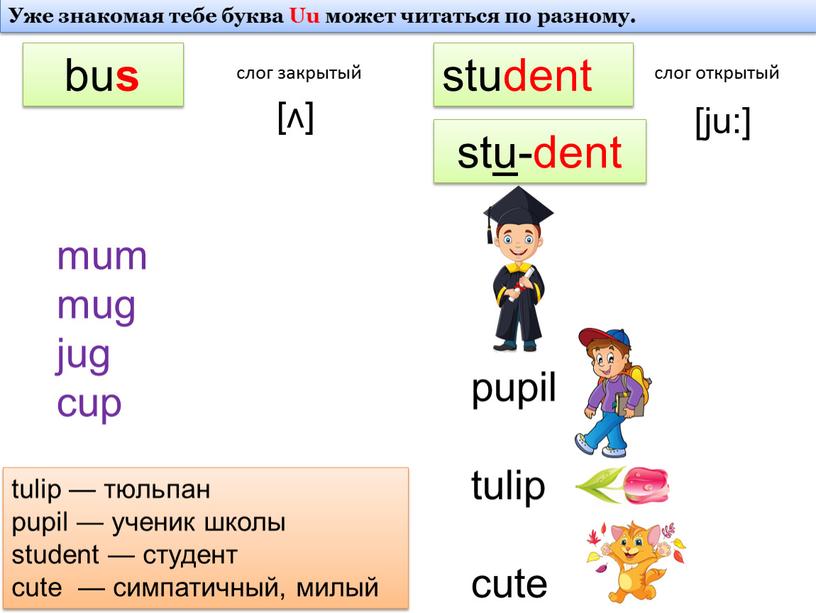 Уже знакомая тебе буква Uu может читаться по разному