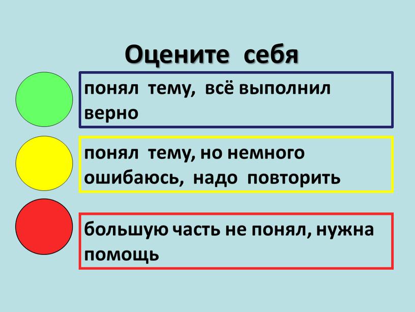 понял тему, всё выполнил верно понял тему, но немного ошибаюсь, надо повторить большую часть не понял, нужна помощь Оцените себя