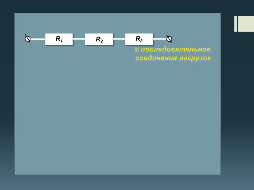 ꟷ последовательное соединения нагрузок ꟷ последовательное соединения нагрузок ꟷ последовательное соединения нагрузок R3 R3 R3 R1 R1 R1 R2 R2 R2
