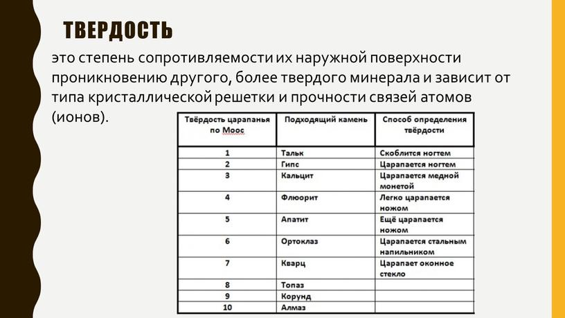 твердость это степень сопротивляемости их наружной поверхности проникновению другого, более твердого минерала и зависит от типа кристаллической решетки и прочности связей атомов (ионов).