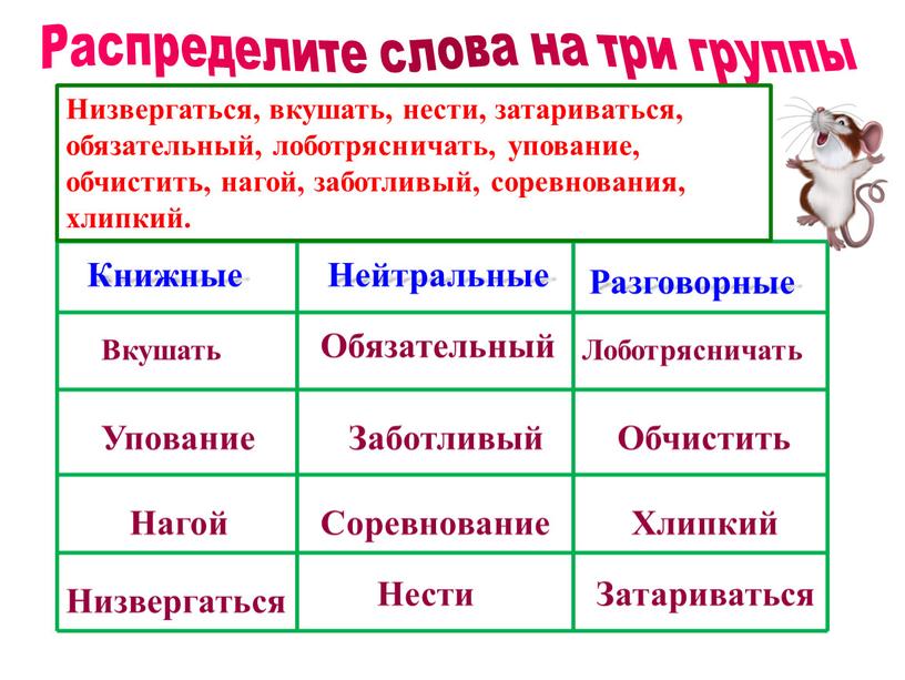 Распределите слова на три группы