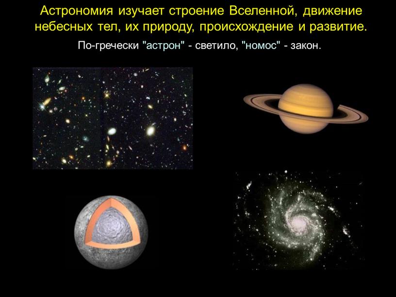 Астрономия изучает строение Вселенной, движение небесных тел, их природу, происхождение и развитие