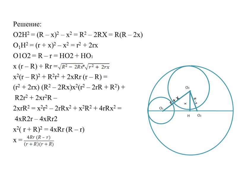 Решение: O2H2 = (R – x)2 – x2 =