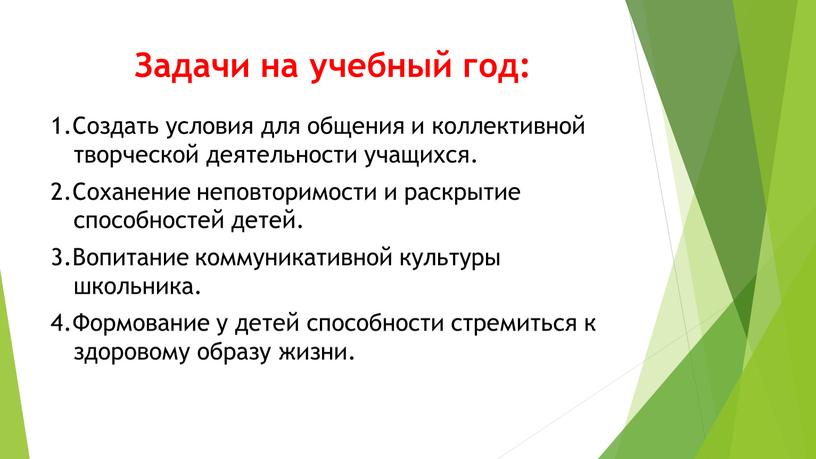 Задачи на учебный год: 1.Создать условия для общения и коллективной творческой деятельности учащихся