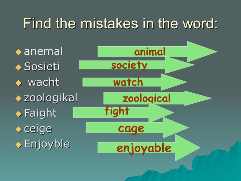 Find the mistakes in the word: anemal