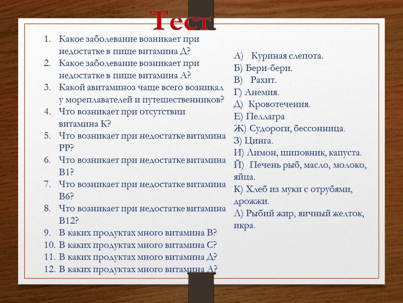 Тест Какое заболевание возникает при недостатке в пище витамина