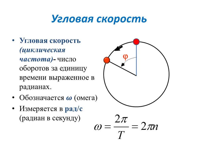 Угловая скорость Угловая скорость (циклическая частота)- число оборотов за единицу времени выраженное в радианах