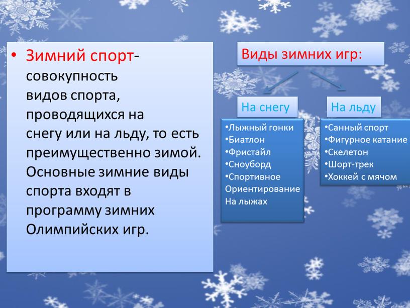 Зимний спорт-совокупность видов спорта, проводящихся на снегу или на льду, то есть преимущественно зимой