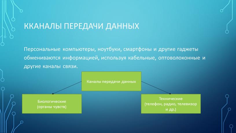 Кканалы передачи данных Персональные компьютеры, ноутбуки, смартфоны и другие гаджеты обмениваются информацией, используя кабельные, оптоволоконные и другие каналы связи