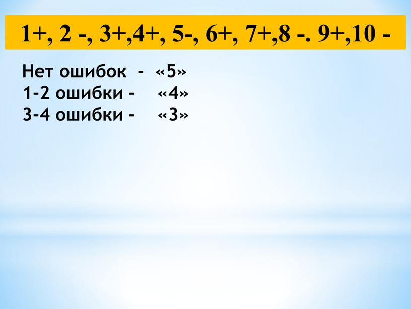 Нет ошибок - «5» 1-2 ошибки - «4» 3-4 ошибки - «3»