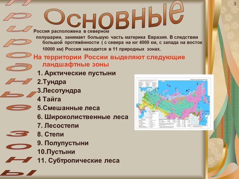 Россия расположена в северном полушарии, занимает большую часть материка