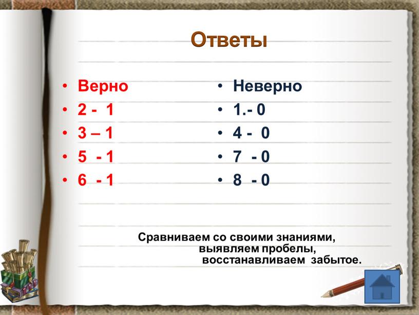 Ответы Верно 2 - 1 3 – 1 5 - 1 6 - 1