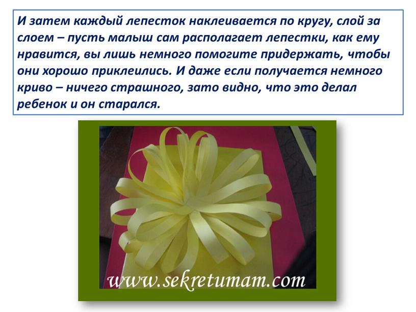 И затем каждый лепесток наклеивается по кругу, слой за слоем – пусть малыш сам располагает лепестки, как ему нравится, вы лишь немного помогите придержать, чтобы…