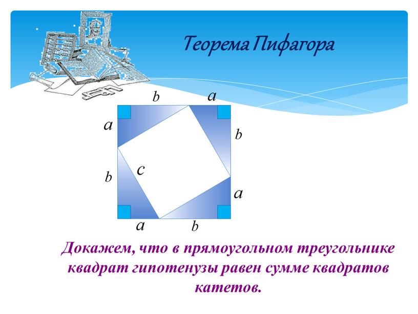 Теорема Пифагора Докажем, что в прямоугольном треугольнике квадрат гипотенузы равен сумме квадратов катетов