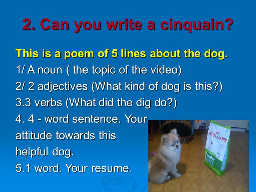 Can you write a cinquain? This is a poem of 5 lines about the dog