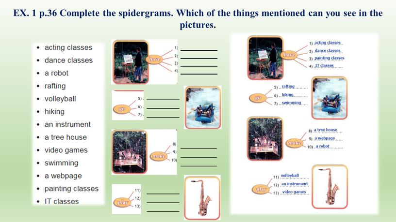 EX. 1 p.36 Complete the spidergrams