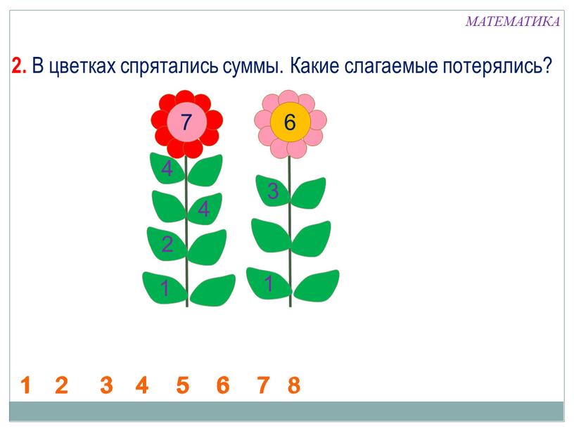 В цветках спрятались суммы. Какие слагаемые потерялись?