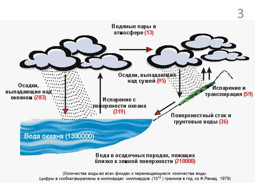 Количества воды во всех фондах и перемещающиеся количества воды (цифры в скобках)выражены в миллиардах миллиардов (1018 ) граммов в год, из