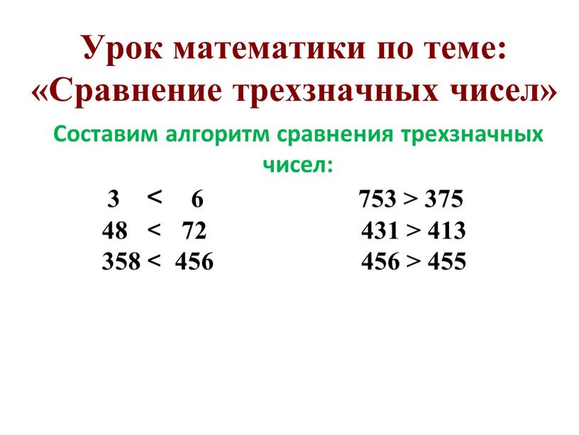 Урок математики по теме: «Сравнение трехзначных чисел»