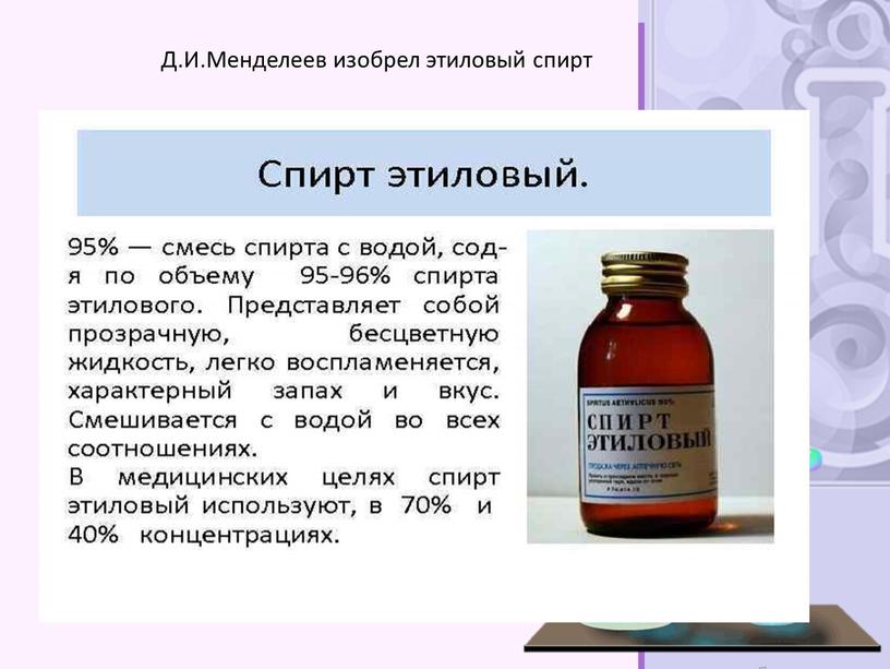 Д.И.Менделеев изобрел этиловый спирт