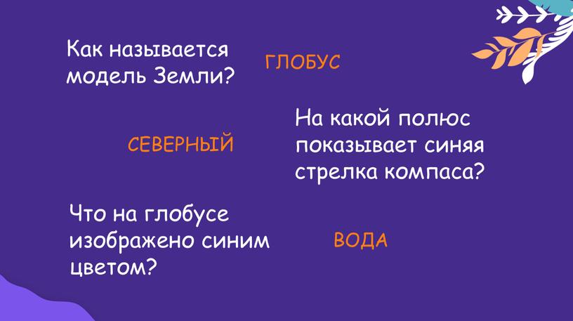 Как называется модель Земли? На какой полюс показывает синяя стрелка компаса?