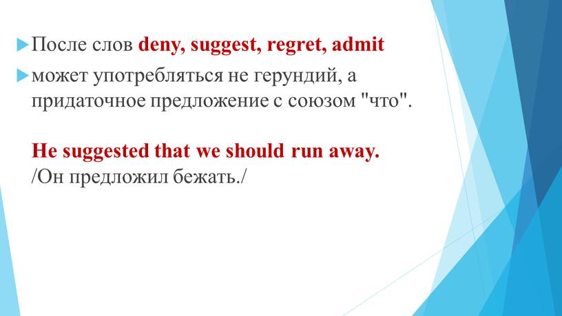 После слов deny, suggest, regret, admit может употребляться не герундий, а придаточное предложение с союзом "что"