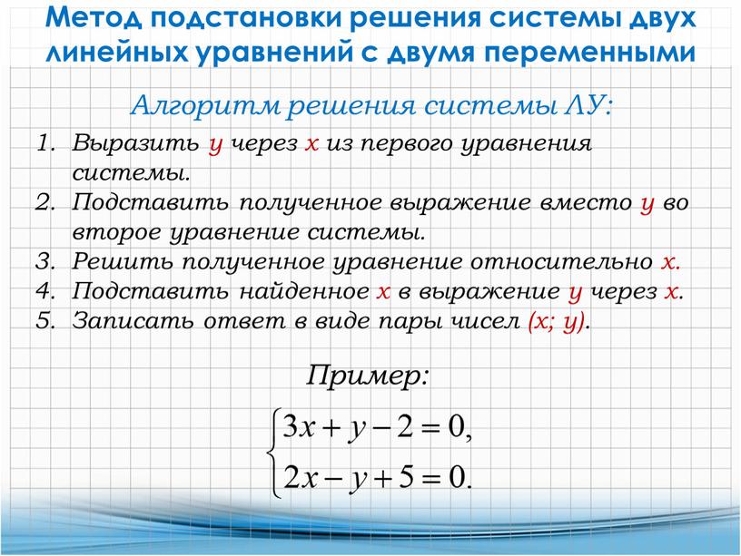 Алгебра 7 класс уравнение подстановки решить. Алгоритм решения систем линейных уравнений методом подстановки. Система двух линейных уравнений с двумя переменными. Система уравнения с двумя переменными 7 класс алгоритм решения. Алгоритм решения уравнений с двумя неизвестными.