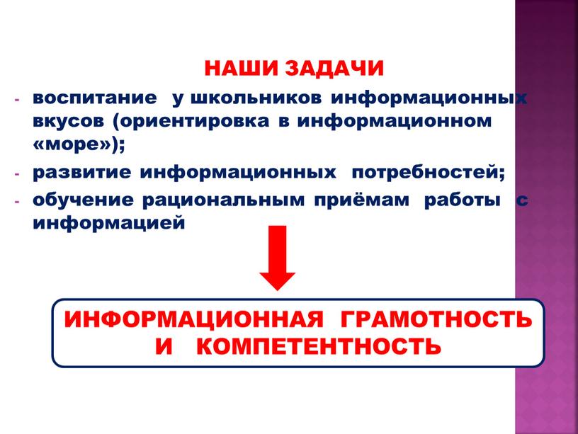 НАШИ ЗАДАЧИ воспитание у школьников информационных вкусов (ориентировка в информационном «море»); развитие информационных потребностей; обучение рациональным приёмам работы с информацией