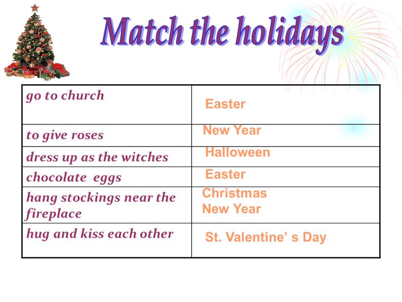 Match the holidays go to church to give roses dress up as the witches chocolate eggs hang stockings near the fireplace hug and kiss each…