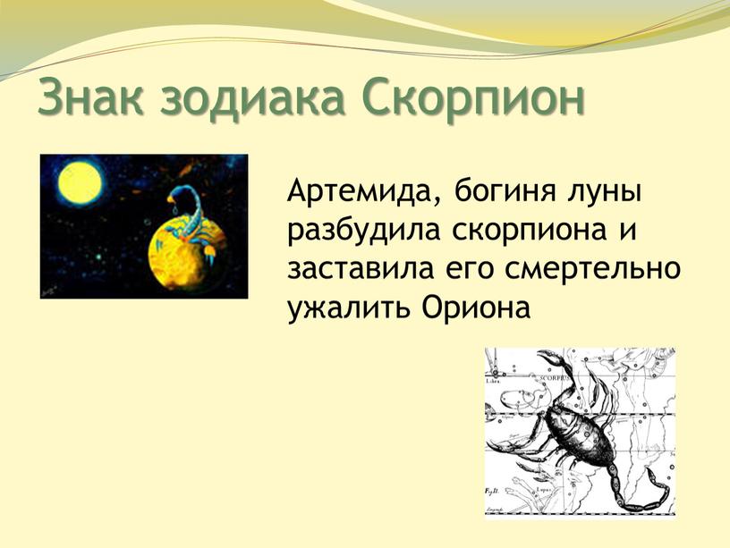 Знак зодиака Скорпион Артемида, богиня луны разбудила скорпиона и заставила его смертельно ужалить