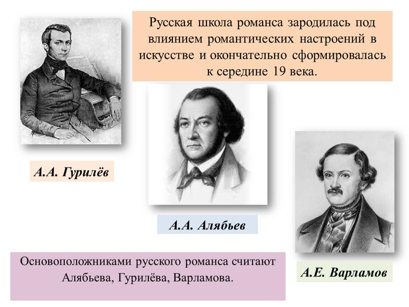 А.А. Алябьев Основоположниками русского романса считают