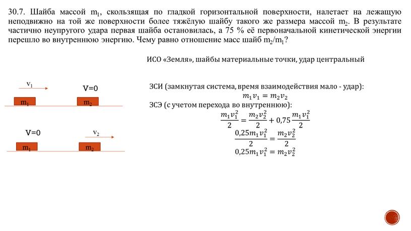 Шайба массой m1, скользящая по гладкой горизонтальной поверхности, налетает на лежащую неподвижно на той же поверхности более тяжёлую шайбу такого же размера массой m2