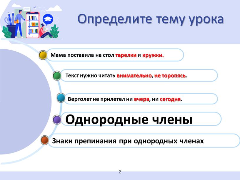 Определите тему урока Знаки препинания при однородных членах