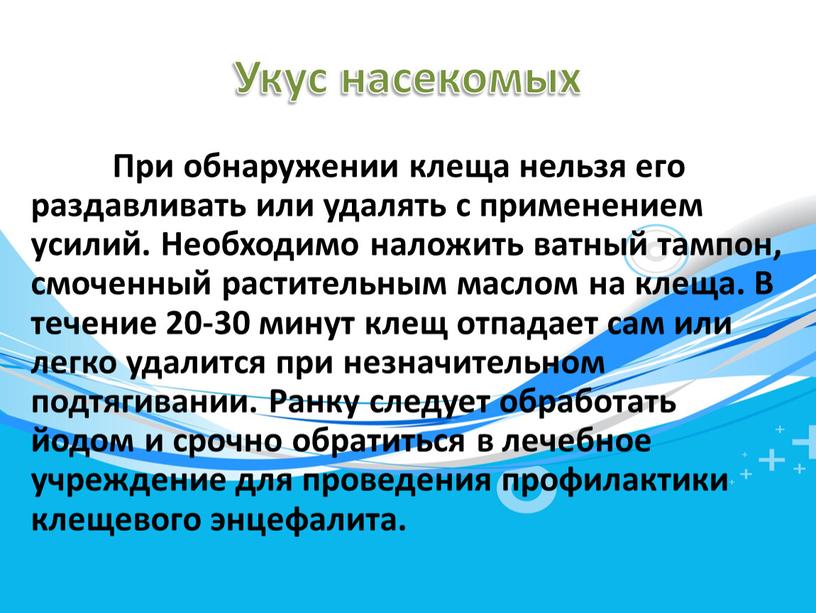 Укус насекомых При обнаружении клеща нельзя его раздавливать или удалять с применением усилий