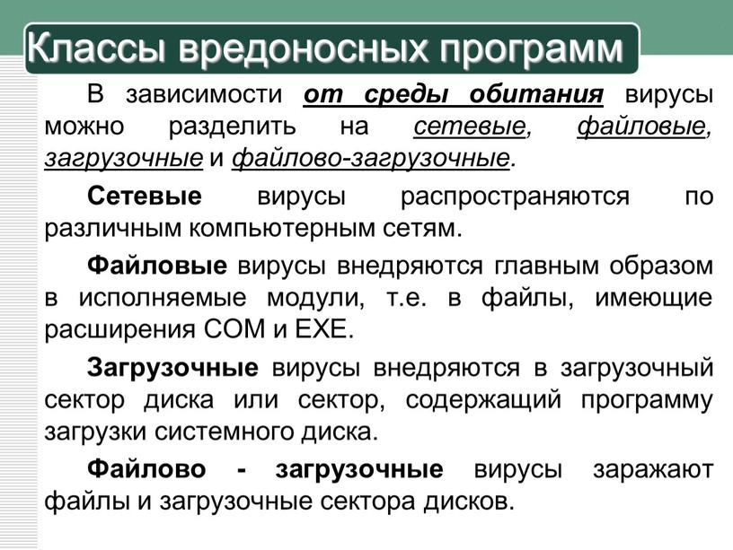 В зависимости от среды обитания вирусы можно разделить на сетевые , файловые , загрузочные и файлово-загрузочные