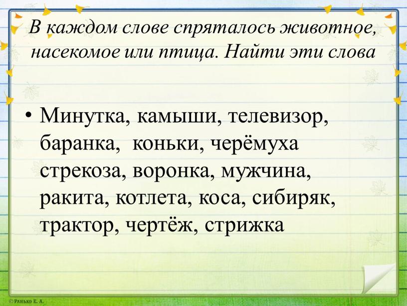 В каждом слове спряталось животное, насекомое или птица