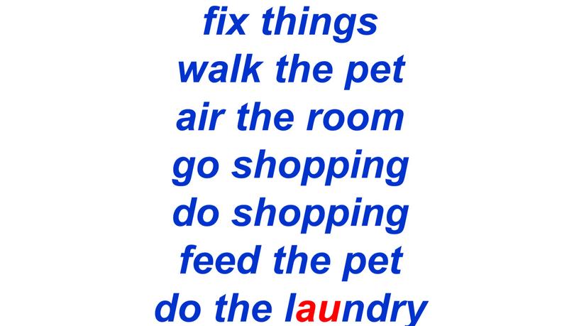 fix things walk the pet air the room go shopping do shopping feed the pet do the laundry