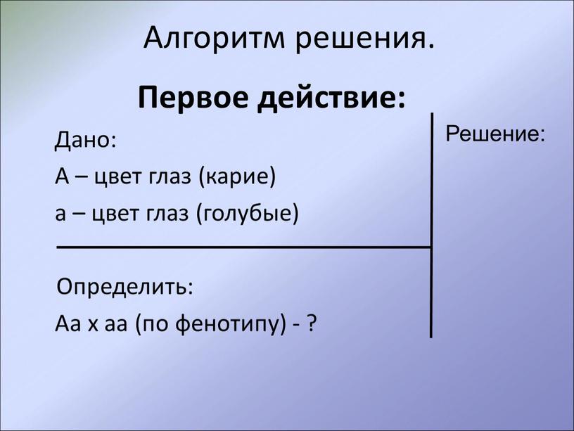 Алгоритм решения. Первое действие: