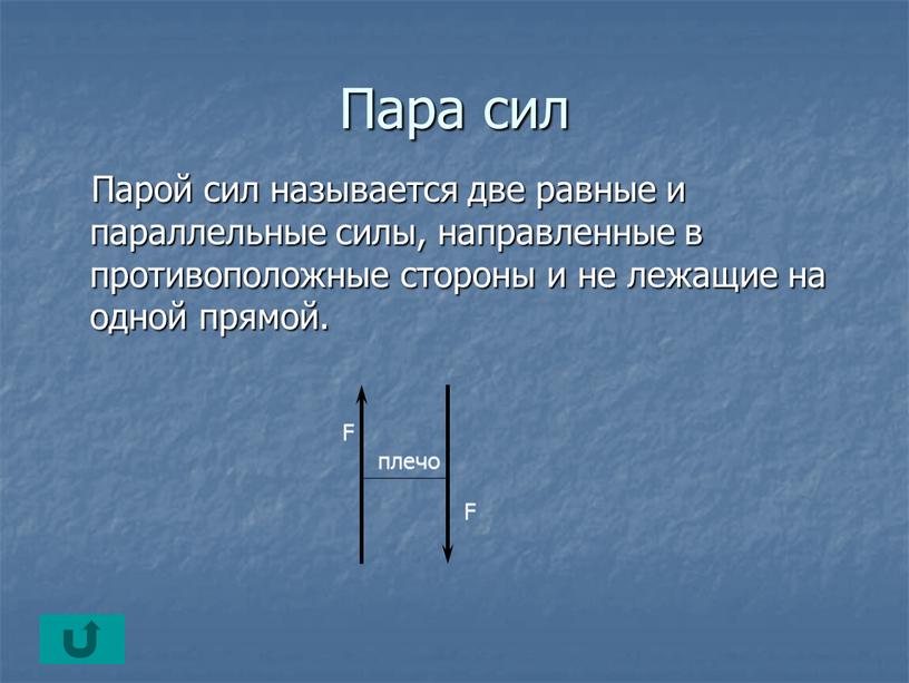 Пара сил Парой сил называется две равные и параллельные силы, направленные в противоположные стороны и не лежащие на одной прямой