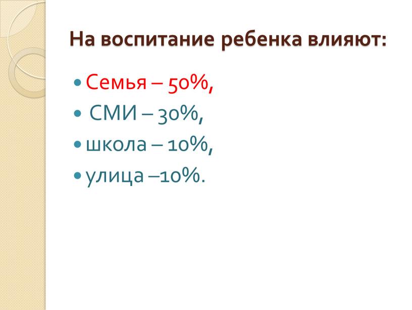 На воспитание ребенка влияют: Семья – 50%,